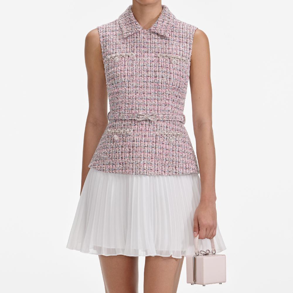 Self Portrait Pink Boucle Chiffon Mini Dress CLOTHING