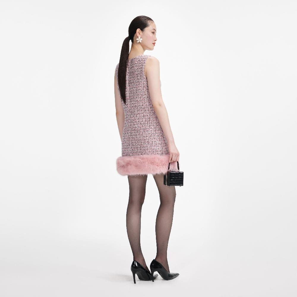 Self Portrait Pink Boucle Fur Hem Mini Dress CLOTHING