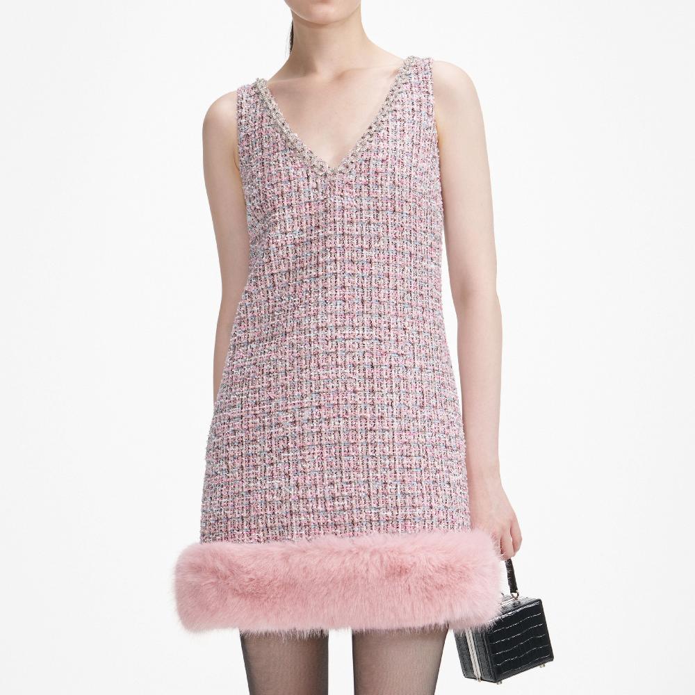 Self Portrait Pink Boucle Fur Hem Mini Dress CLOTHING