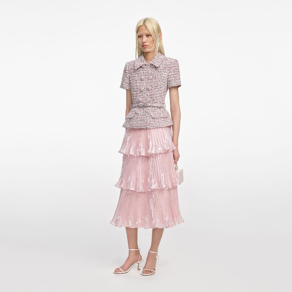Self Portrait Pink Boucle Metallic Tiered Midi Dress CLOTHING