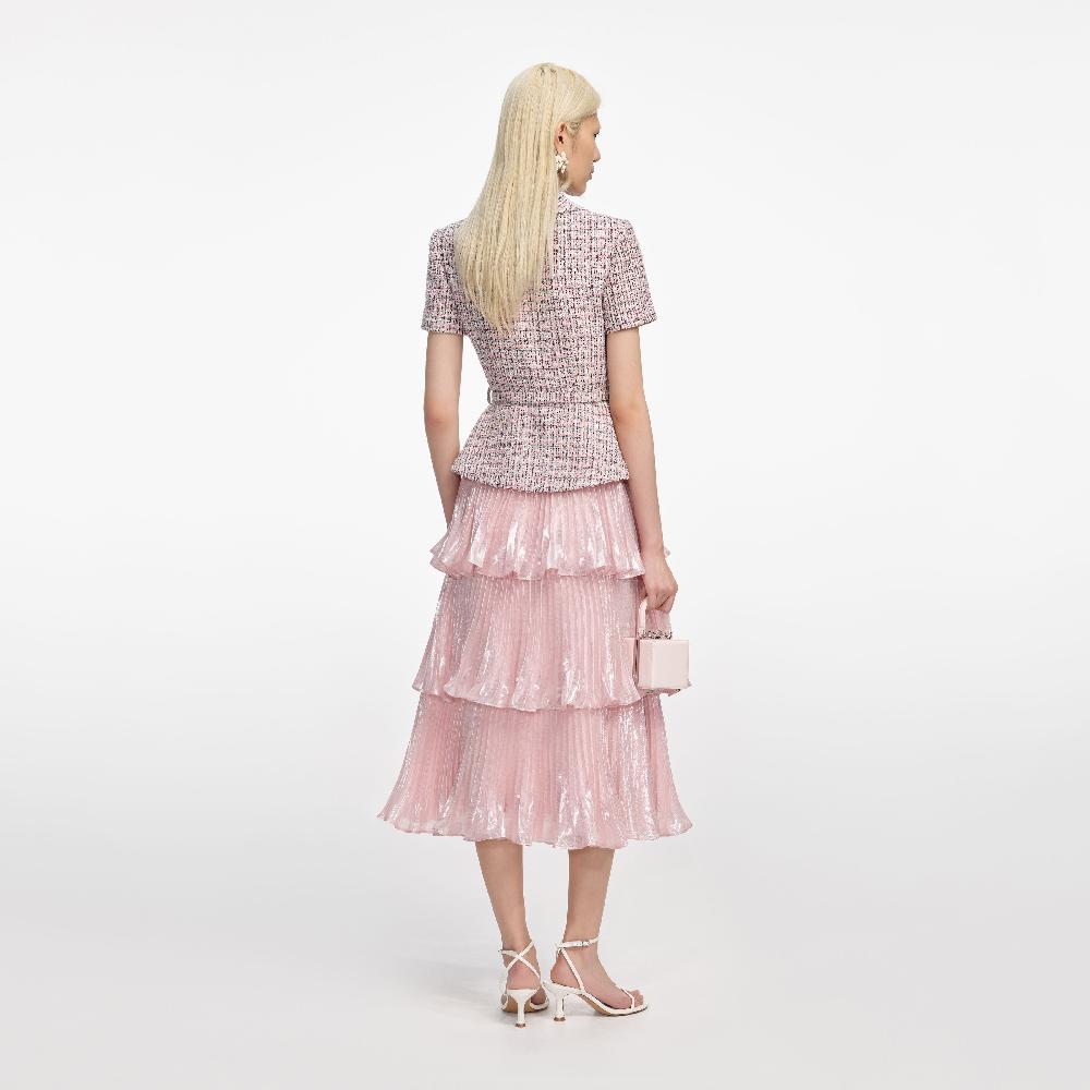 Self Portrait Pink Boucle Metallic Tiered Midi Dress CLOTHING