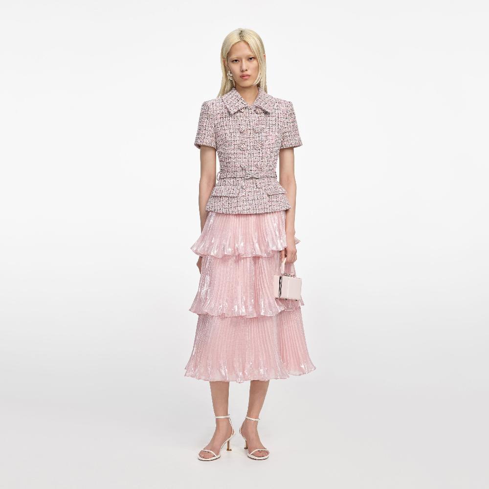 self portrait Pink Boucle Metallic Tiered Midi Dress CLOTHING