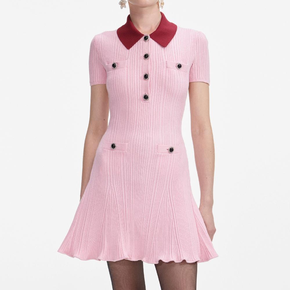 Self Portrait Pink Contrast Collar Knit Mini Dress CLOTHING
