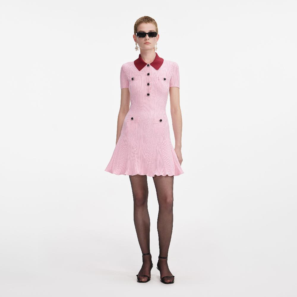 self portrait Pink Contrast Collar Knit Mini Dress CLOTHING