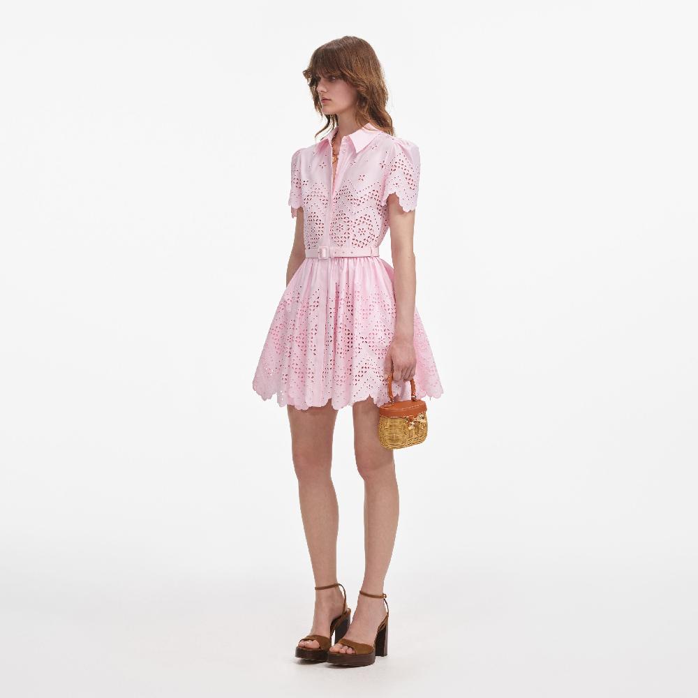 Self Portrait Pink Cotton Broderie Mini Dress CLOTHING