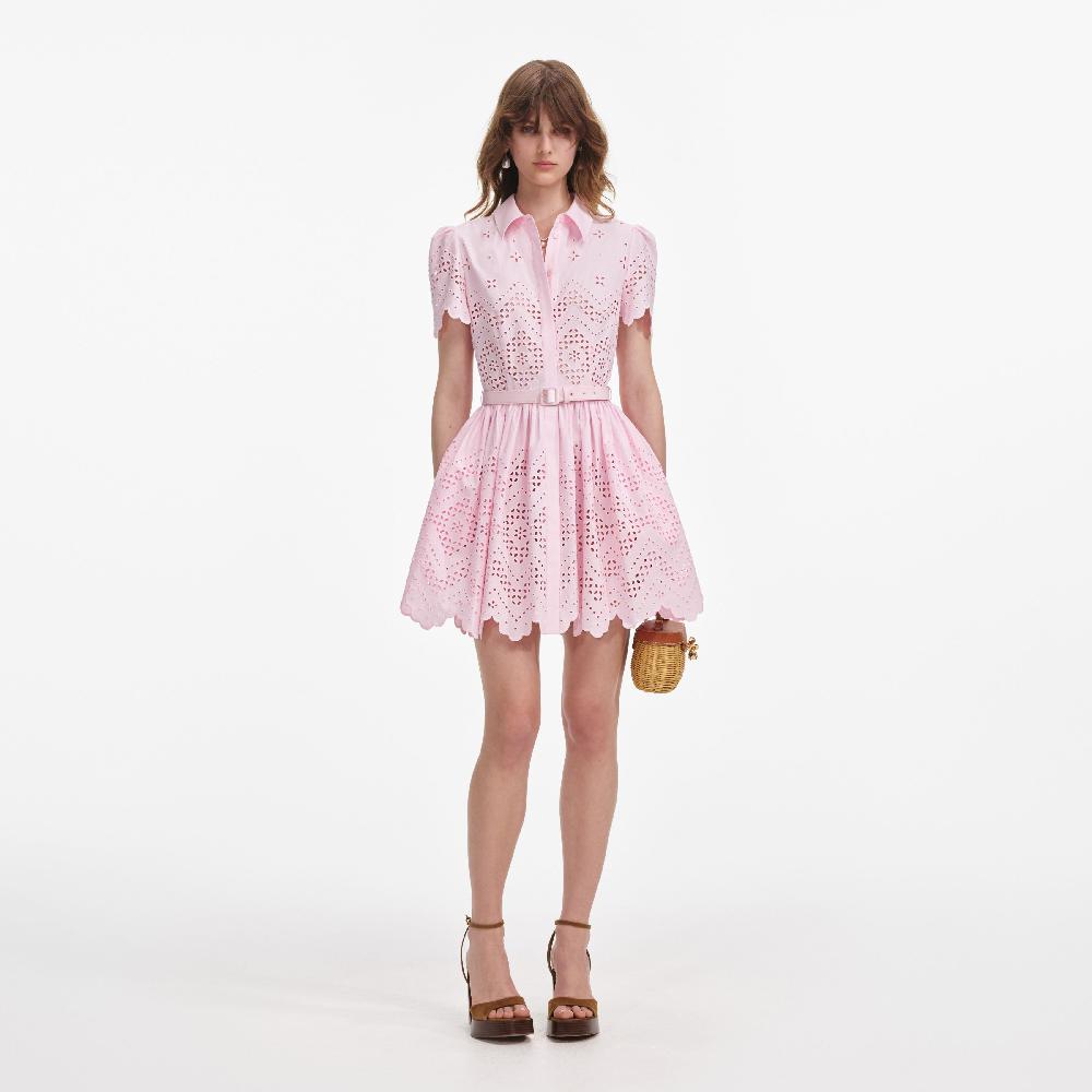 self portrait Pink Cotton Broderie Mini Dress CLOTHING