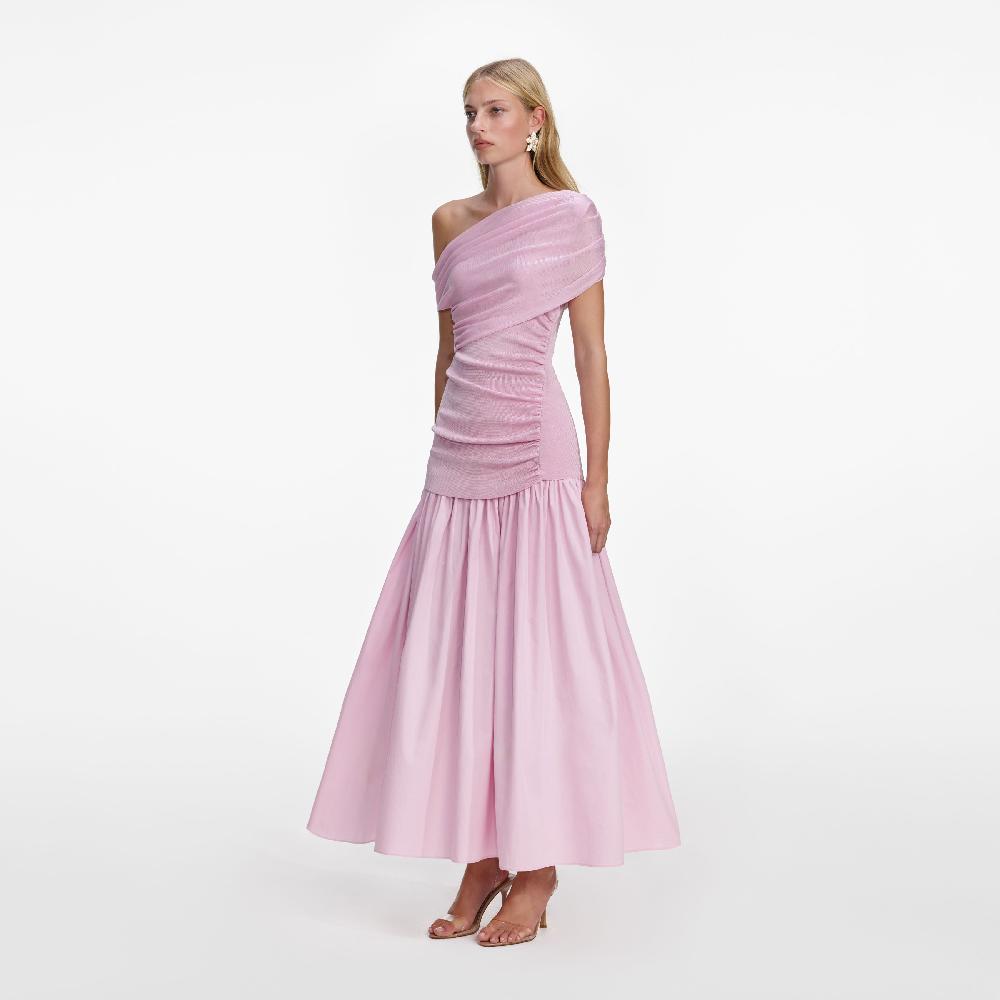 Self Portrait Pink Cotton Draped Knit Midi Dress CLOTHING