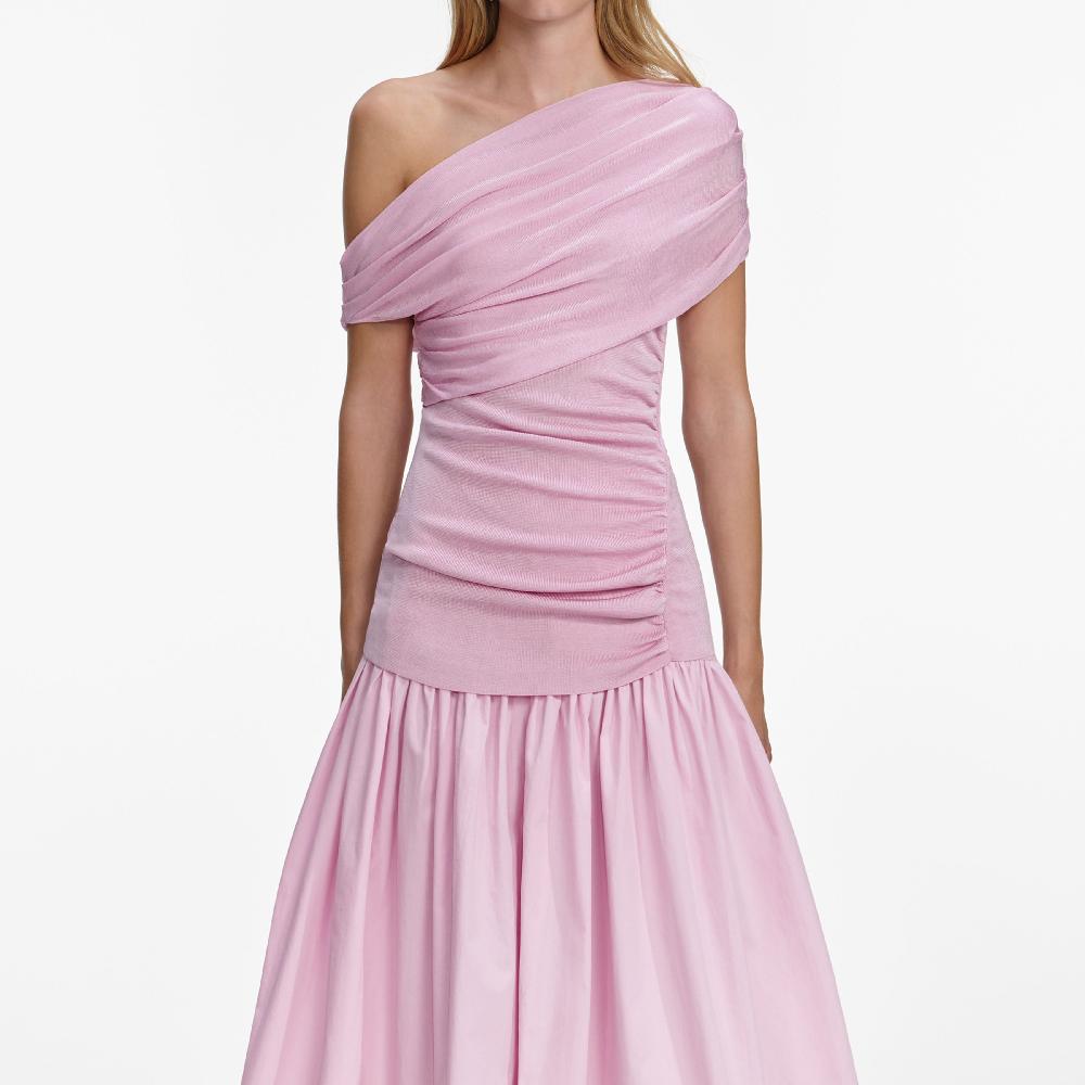 Self Portrait Pink Cotton Draped Knit Midi Dress CLOTHING