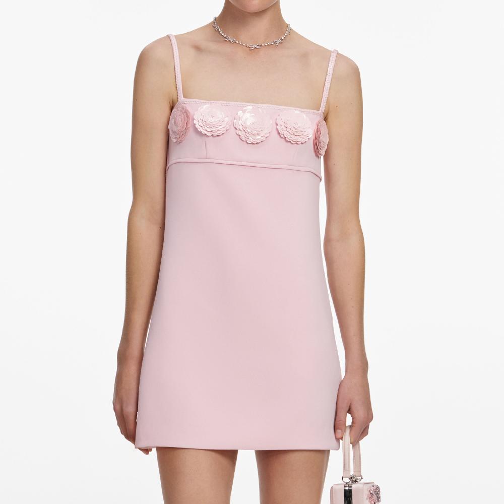 Self Portrait Pink Crepe 3D Sequin Flower Mini Dress CLOTHING