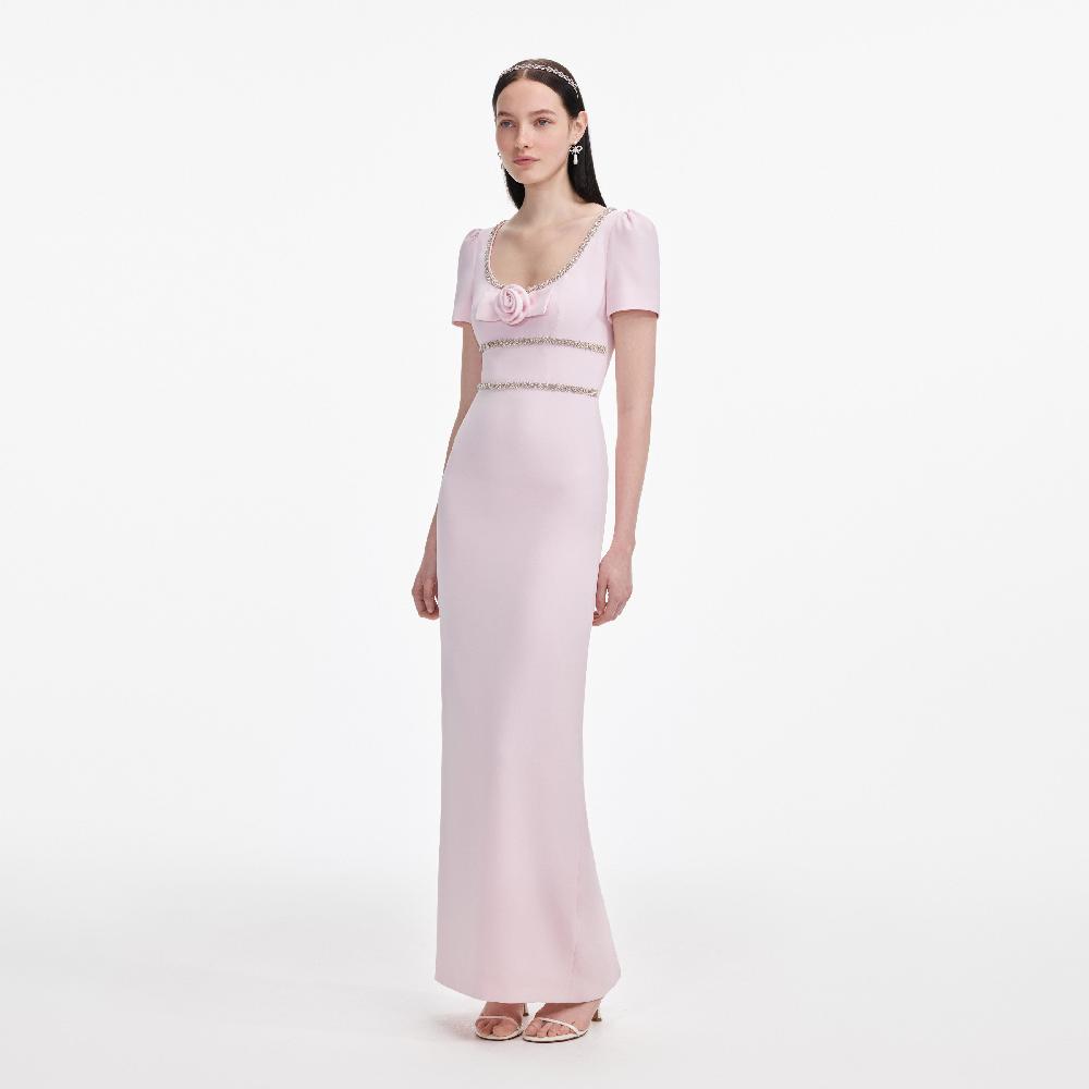 Self Portrait Pink Crepe Crystal Trim Maxi Dress CLOTHING