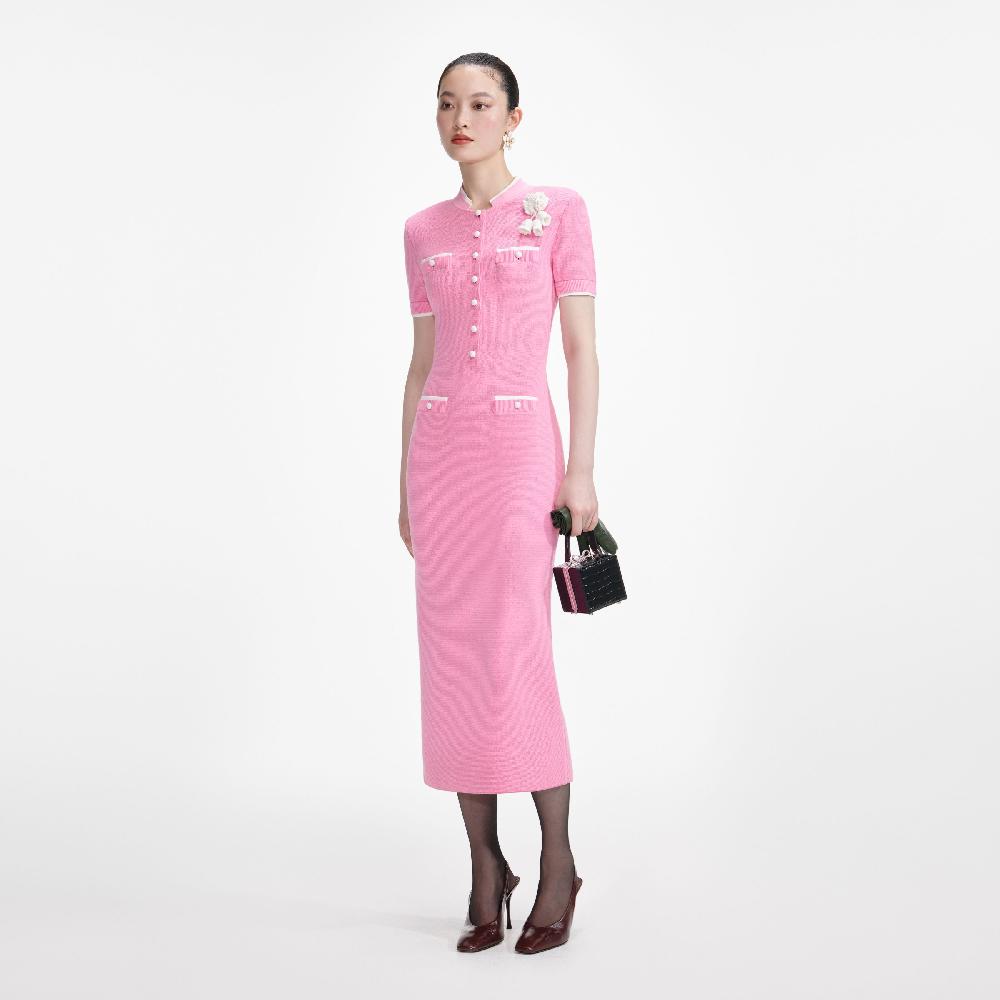 Self Portrait Pink Crochet Flower Knit Midi Dress CLOTHING