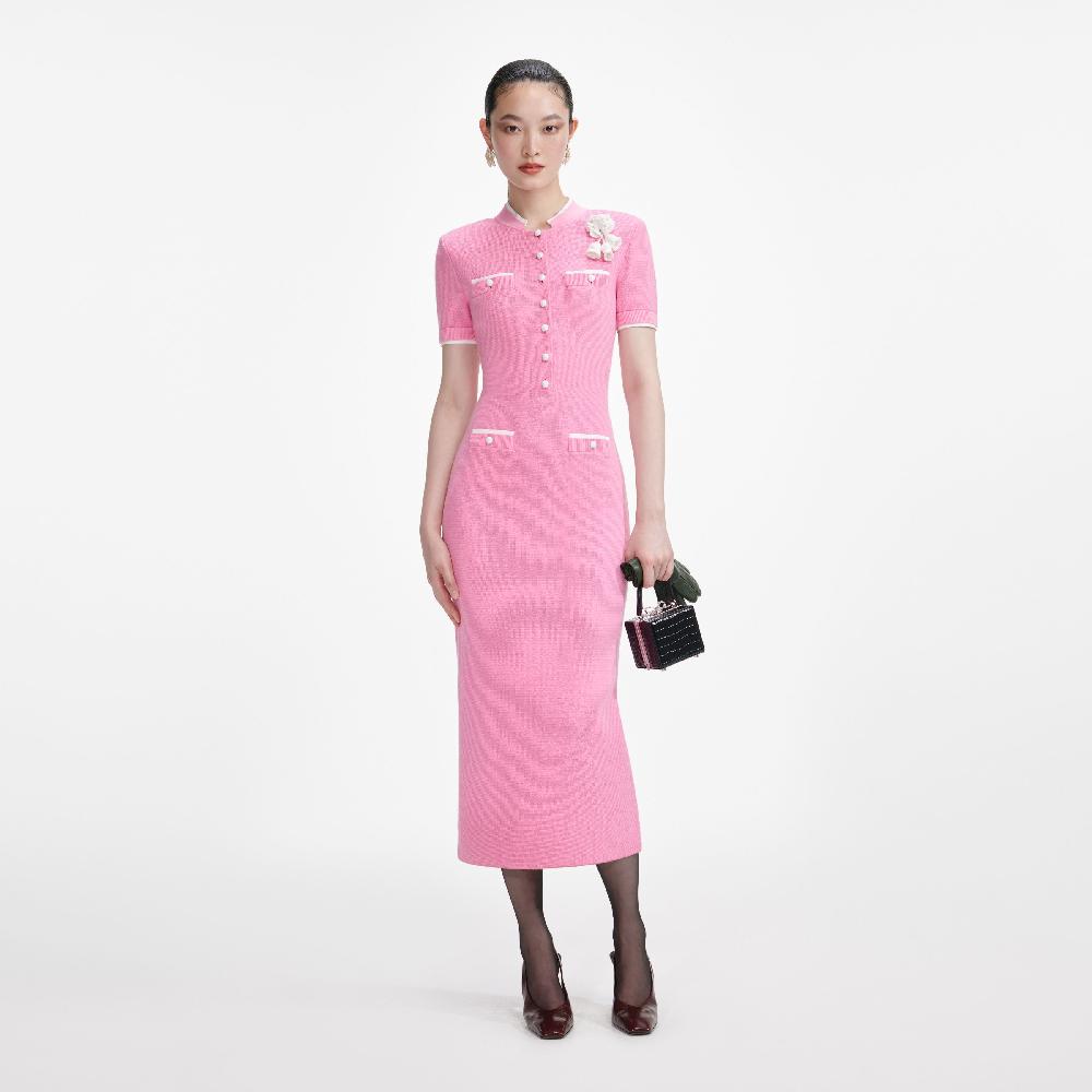 self portrait Pink Crochet Flower Knit Midi Dress CLOTHING