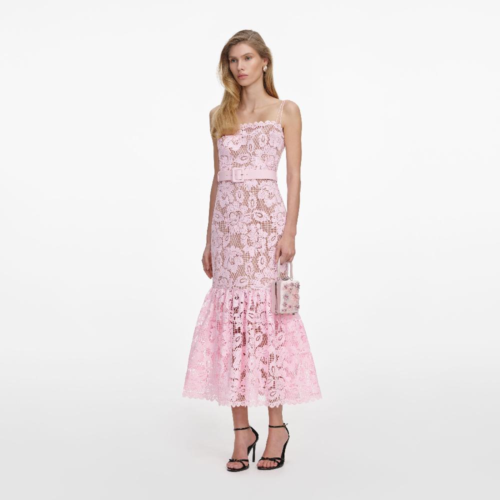 Self Portrait Pink Crochet Lace Midi Dress CLOTHING