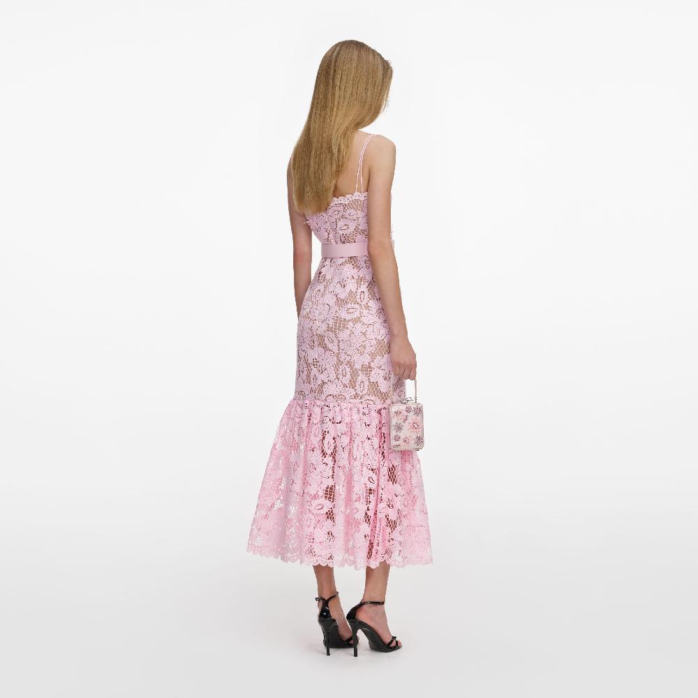 Self Portrait Pink Crochet Lace Midi Dress CLOTHING