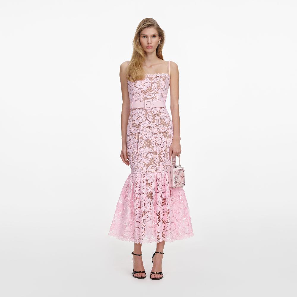 self portrait Pink Crochet Lace Midi Dress CLOTHING