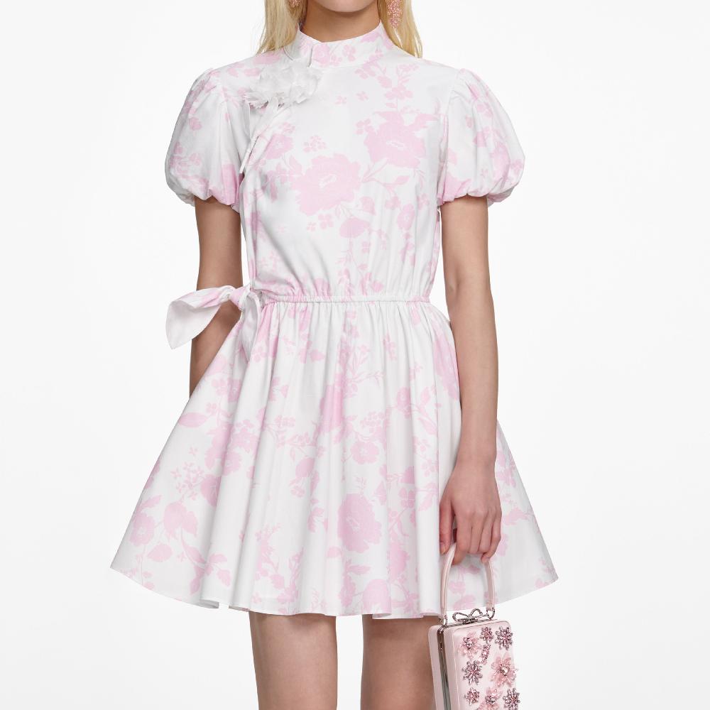 Self Portrait Pink Floral Cotton Drape Mini Dress CLOTHING