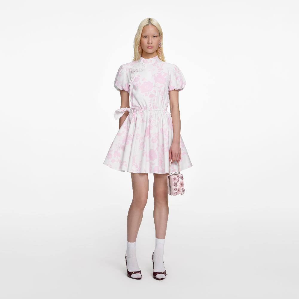 self portrait Pink Floral Cotton Drape Mini Dress CLOTHING