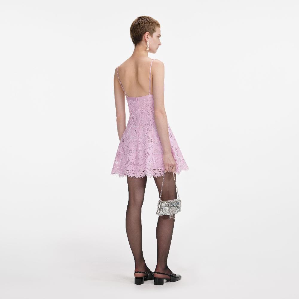 Self Portrait Pink Floral Lace Bow Mini Dress CLOTHING