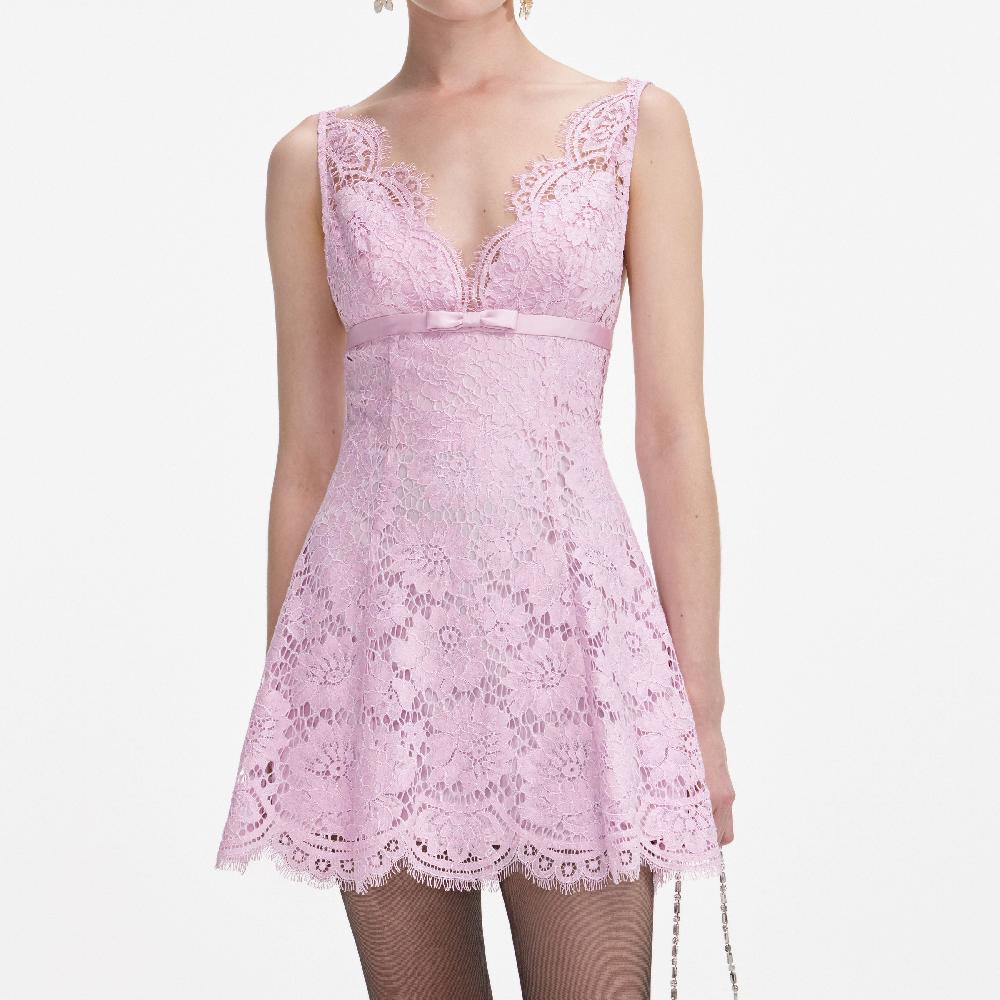 Self Portrait Pink Floral Lace Bow Mini Dress CLOTHING