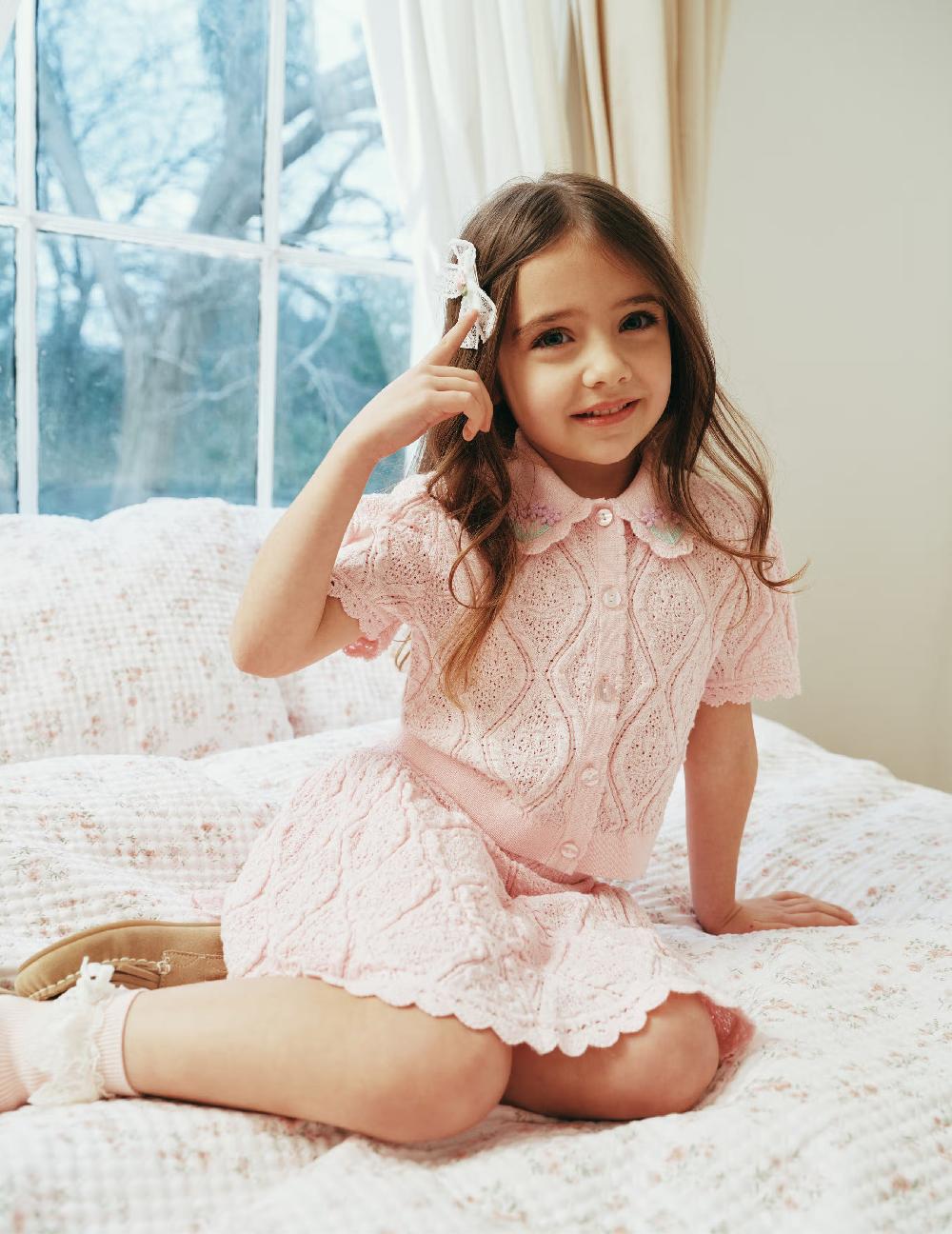 Self Portrait Pink Flower Embroidered Knit Top KIDS