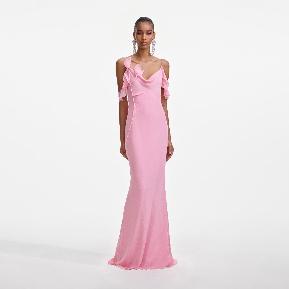 self portrait Pink Georgette Flower Maxi Dress CLOTHING