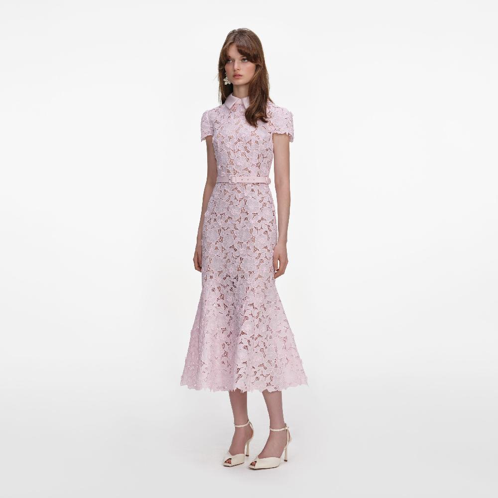 Self Portrait Pink Guipure Lace Midi Dress CLOTHING