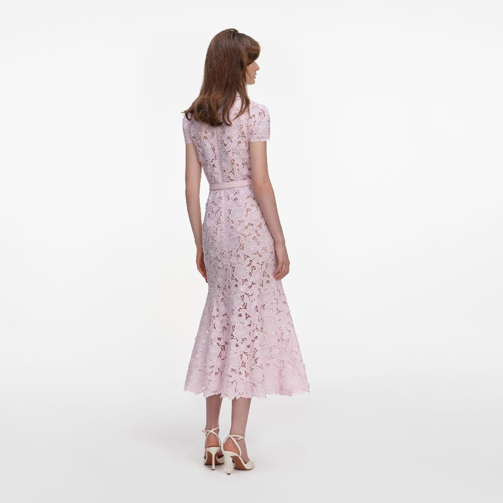 Self Portrait Pink Guipure Lace Midi Dress CLOTHING