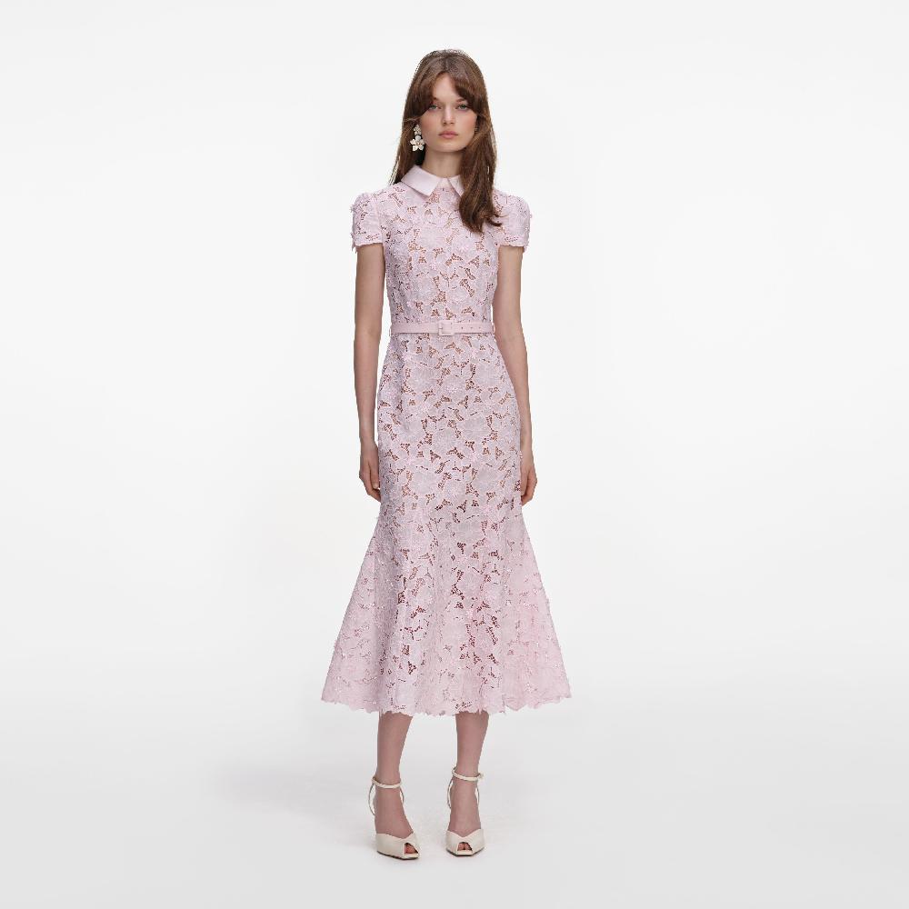 self portrait Pink Guipure Lace Midi Dress CLOTHING