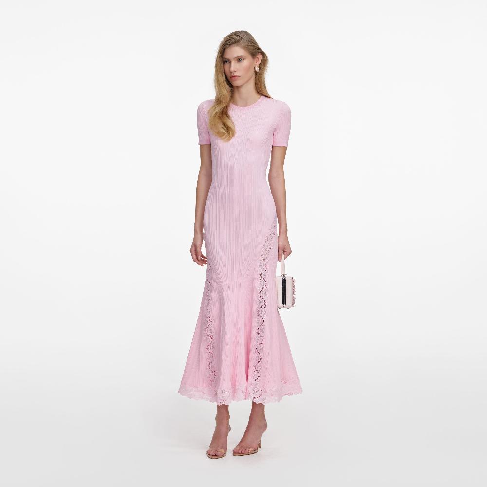 Self Portrait Pink Knit Lace Insert Midi Dress CLOTHING