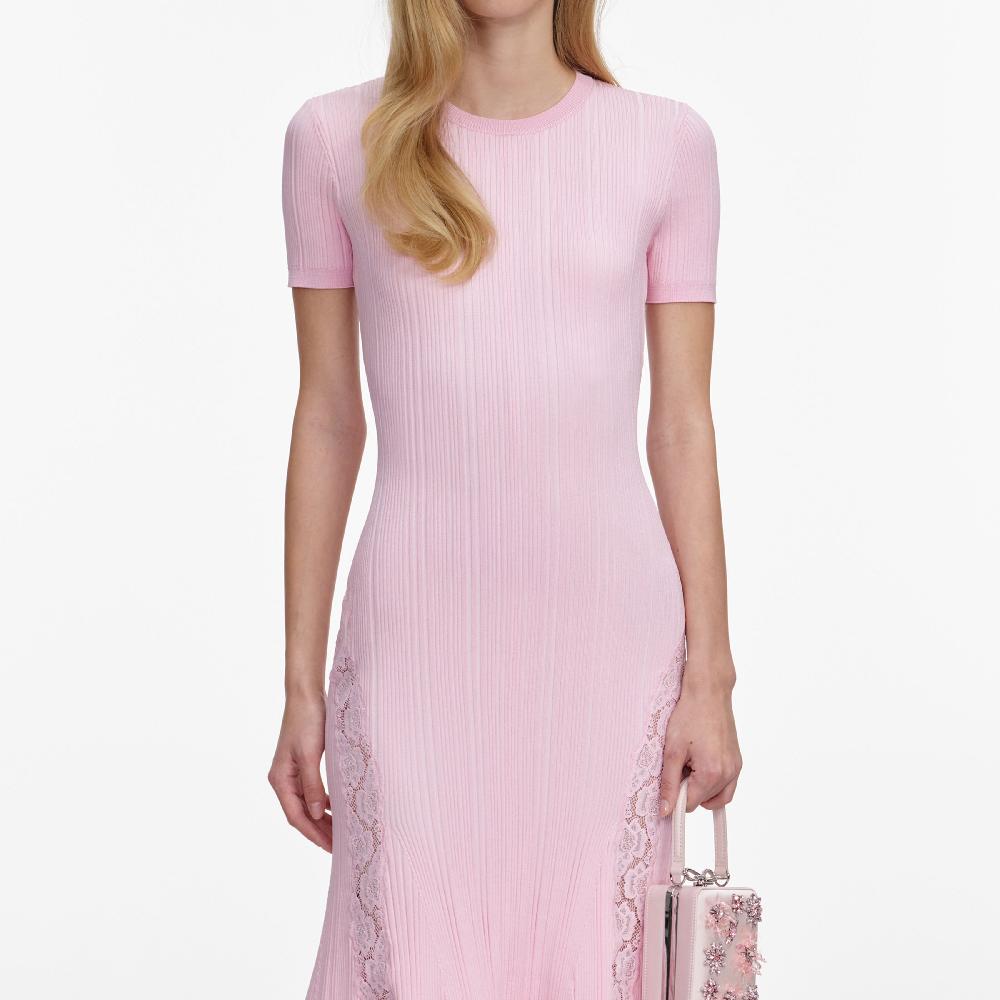 Self Portrait Pink Knit Lace Insert Midi Dress CLOTHING