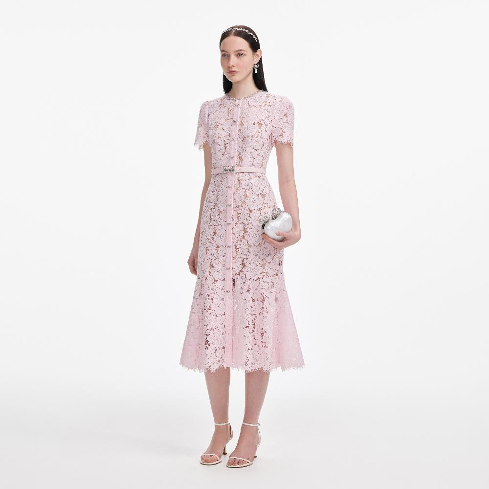 Self Portrait Pink Lace Bow Trim Midi Dress CLOTHING
