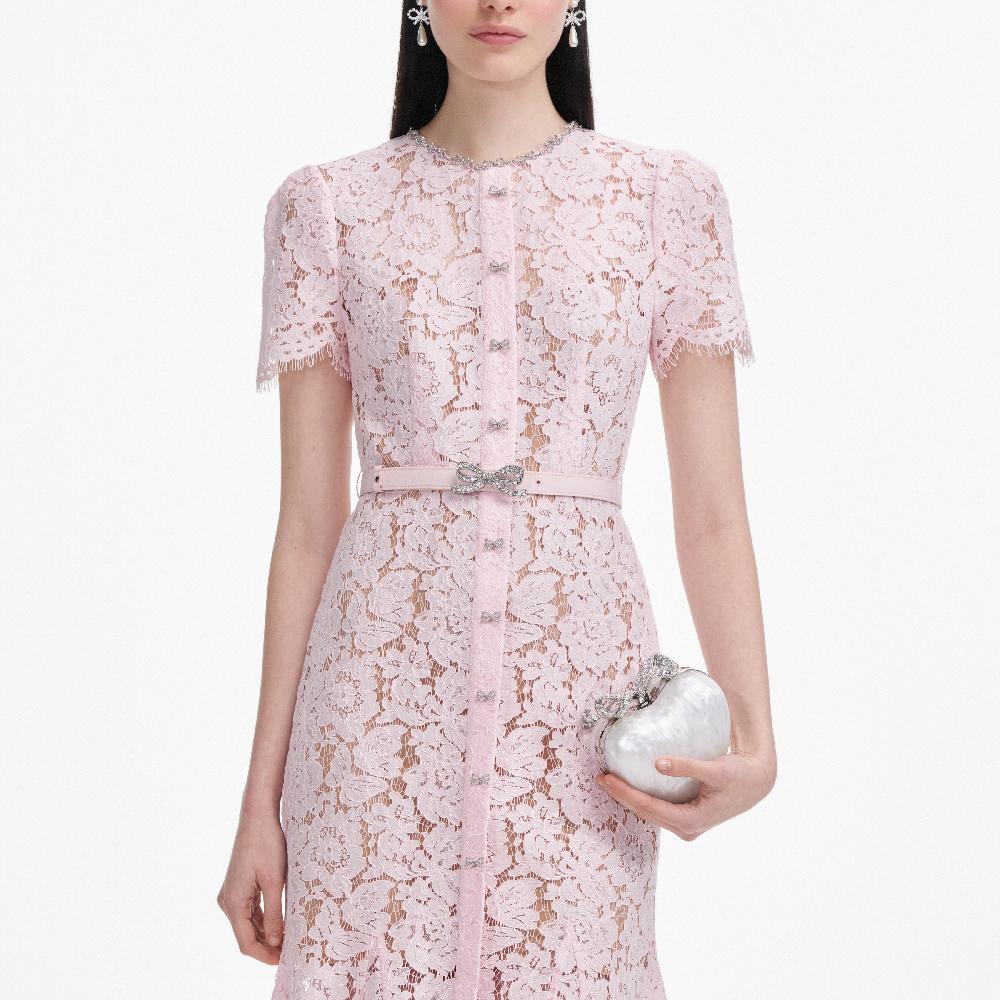 Self Portrait Pink Lace Bow Trim Midi Dress CLOTHING