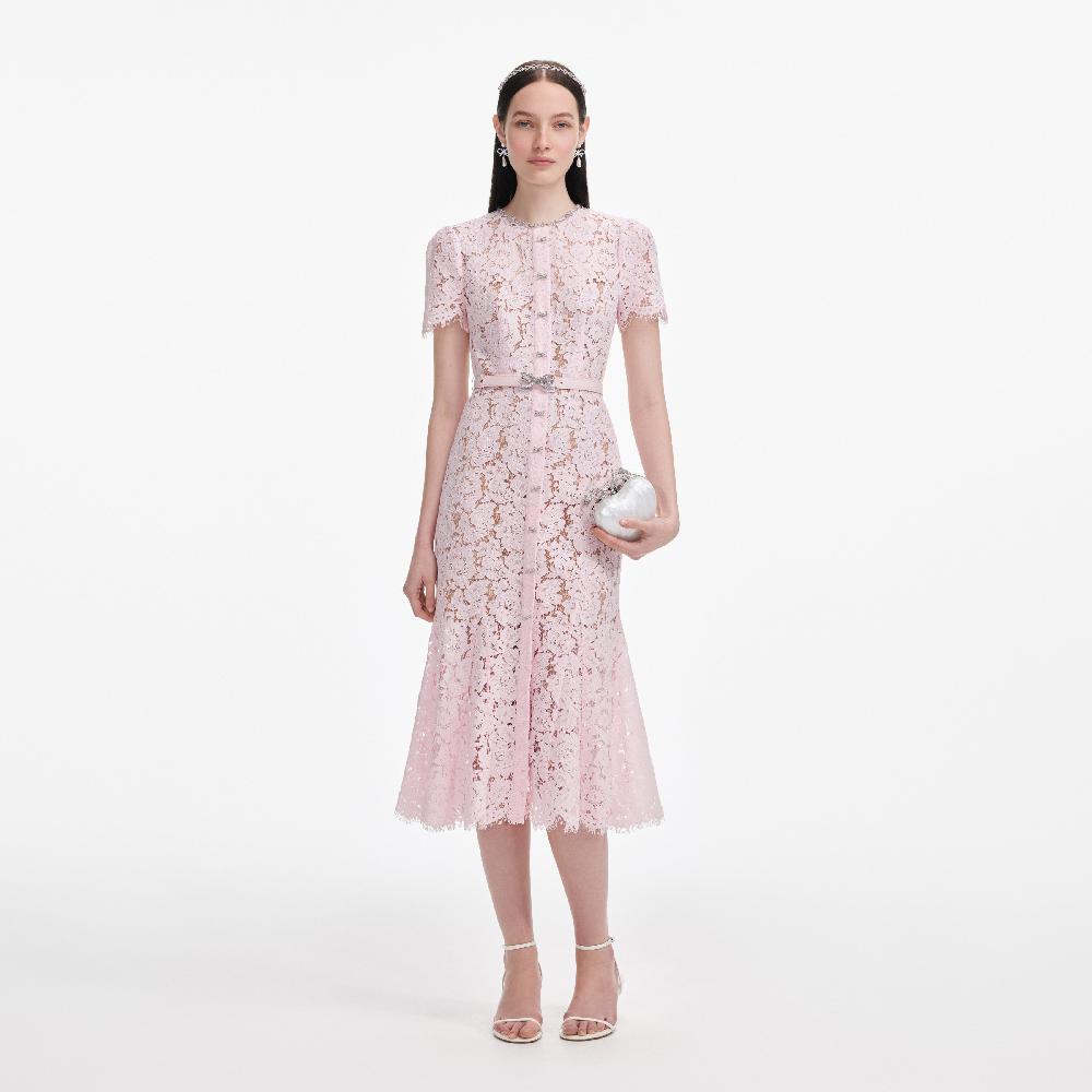 self portrait Pink Lace Bow Trim Midi Dress CLOTHING
