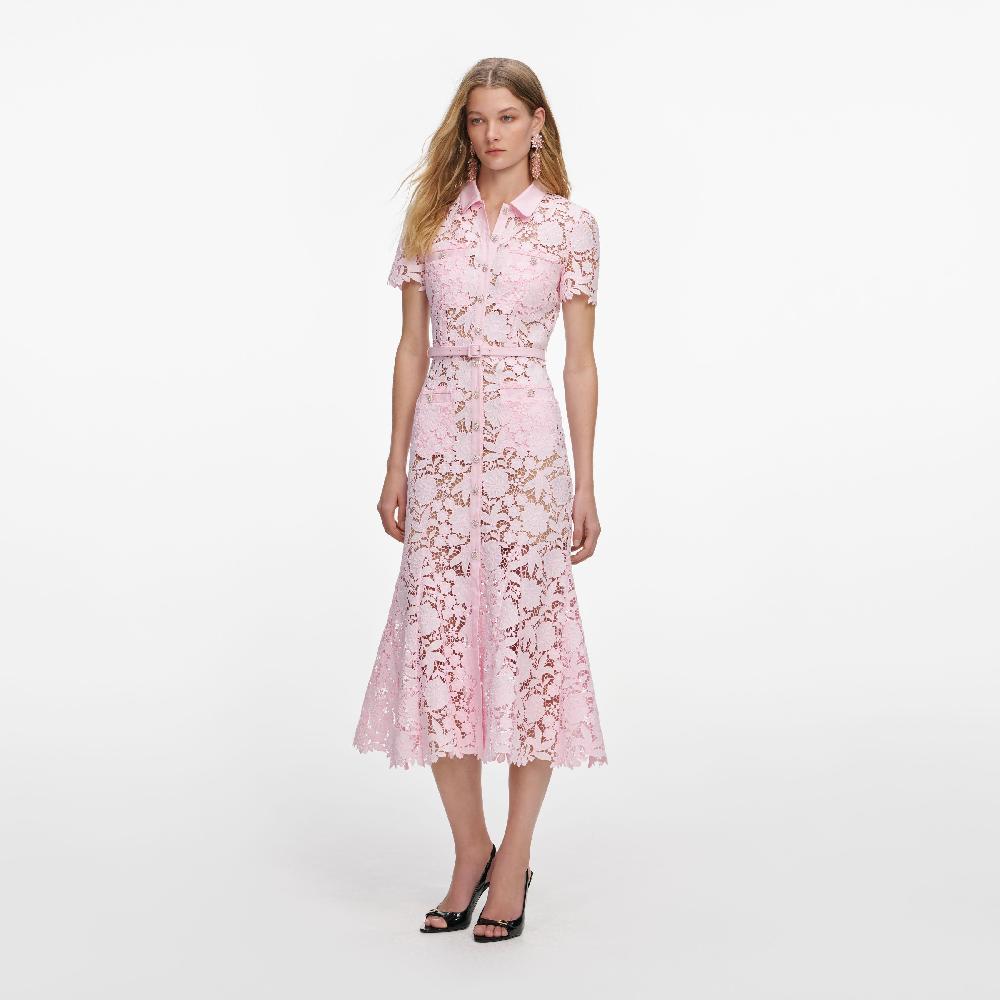 Self Portrait Pink Lace Collared Midi Dress CLOTHING
