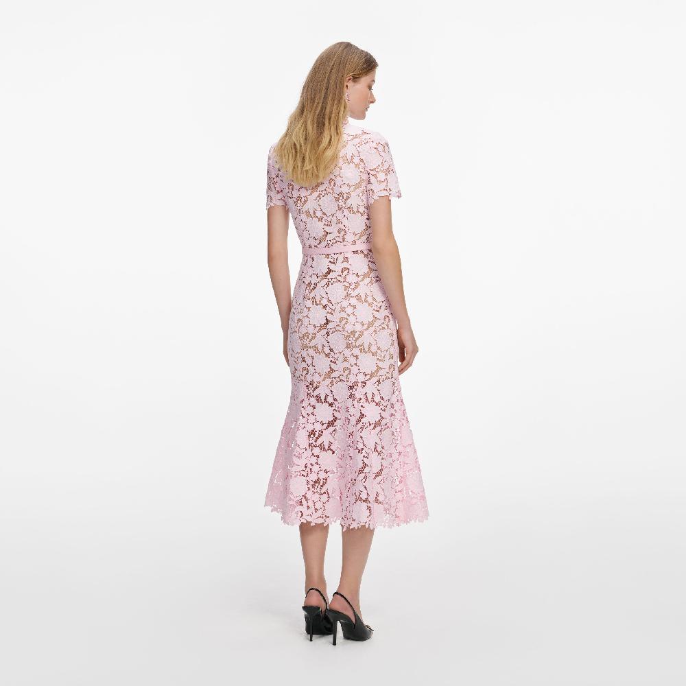 Self Portrait Pink Lace Collared Midi Dress CLOTHING