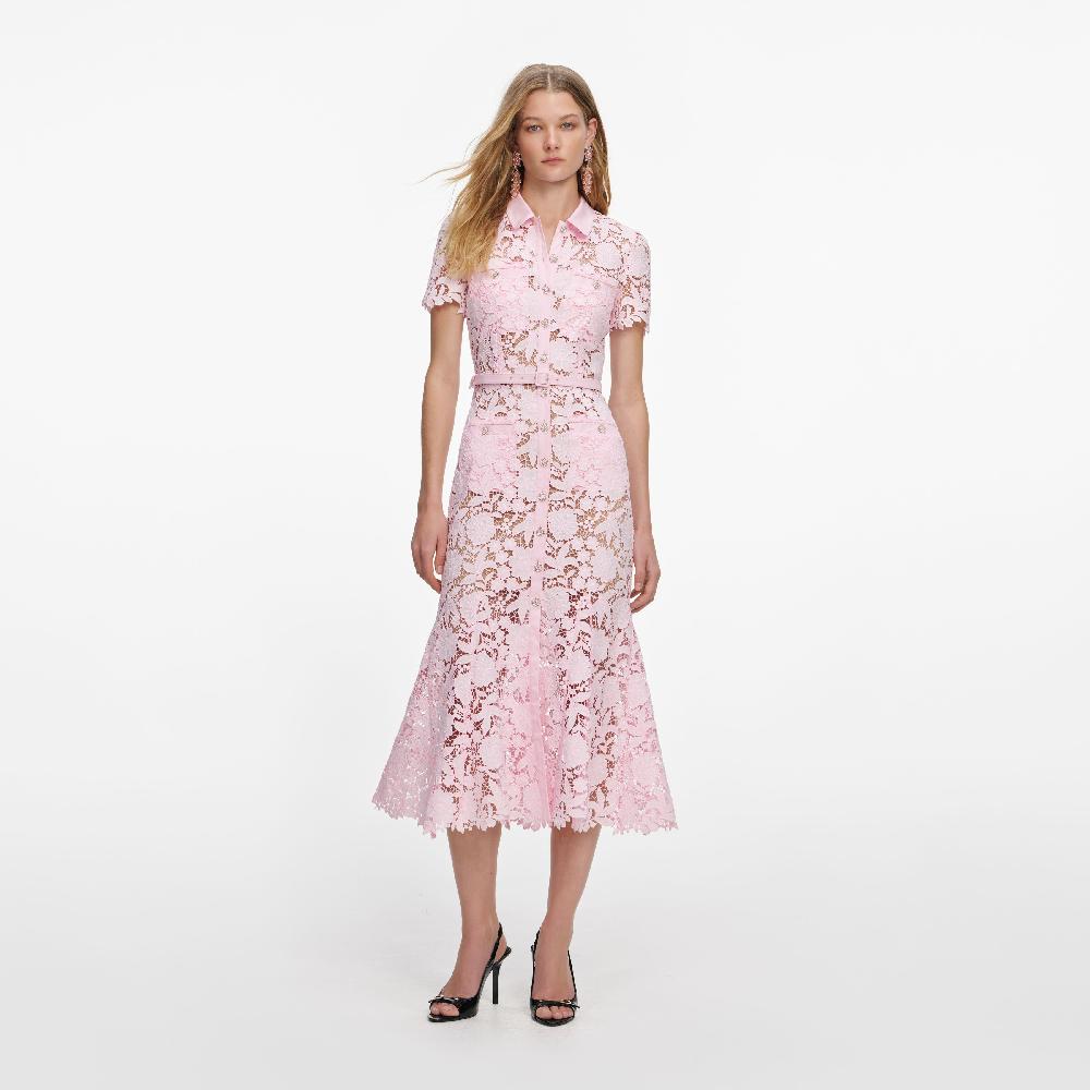 self portrait Pink Lace Collared Midi Dress CLOTHING