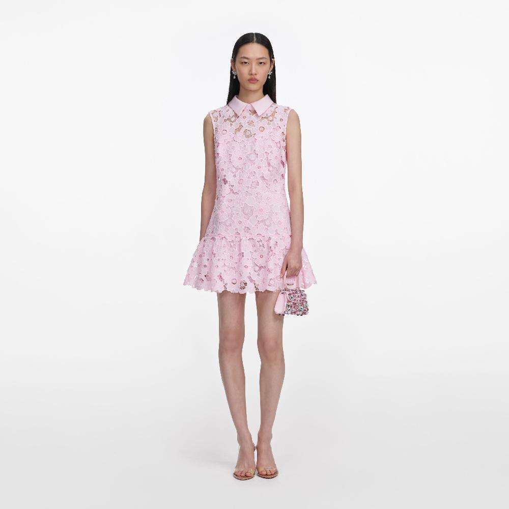 self portrait Pink Lace Collared Mini Dress CLOTHING