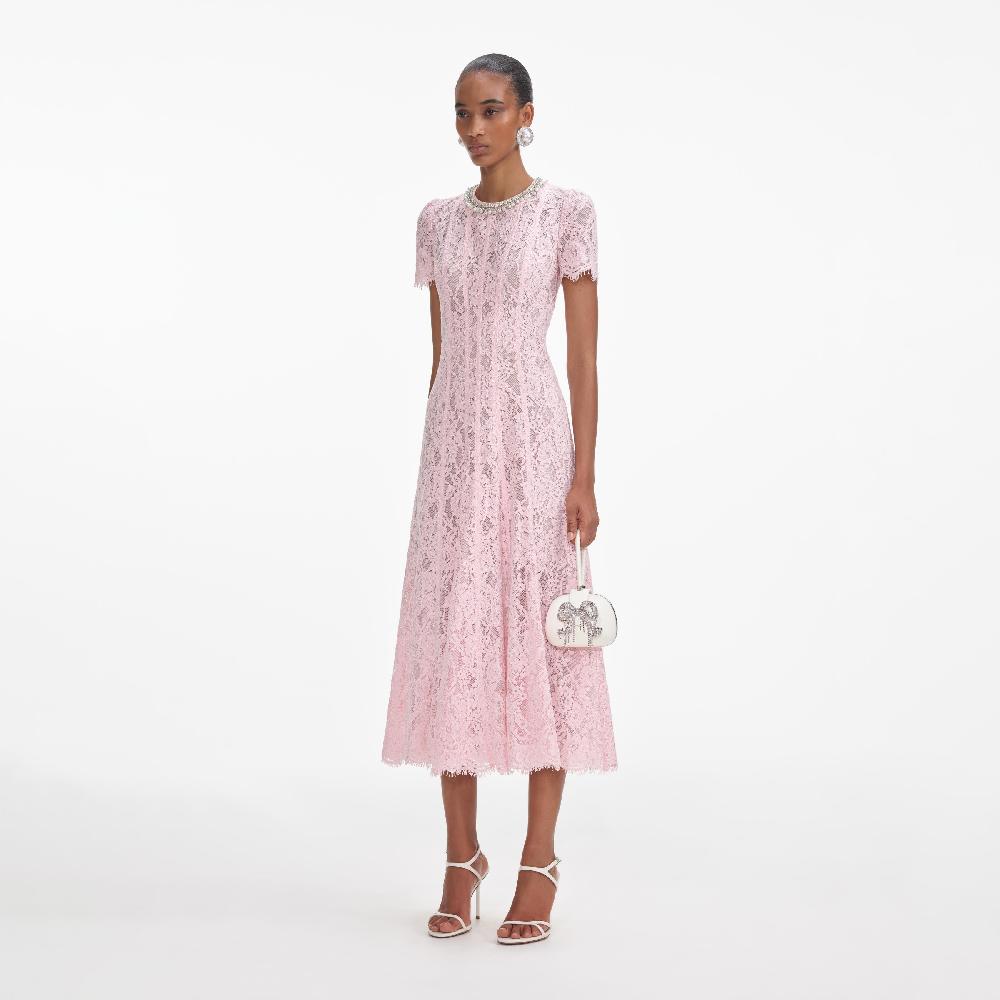 Self Portrait Pink Lace Embellished Midi Dress CLOTHING
