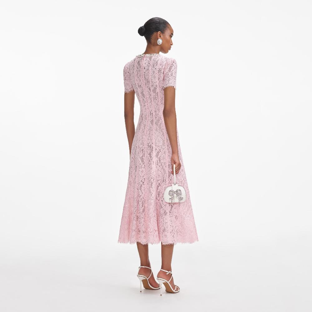 Self Portrait Pink Lace Embellished Midi Dress CLOTHING