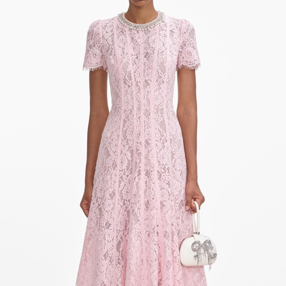 Self Portrait Pink Lace Embellished Midi Dress CLOTHING