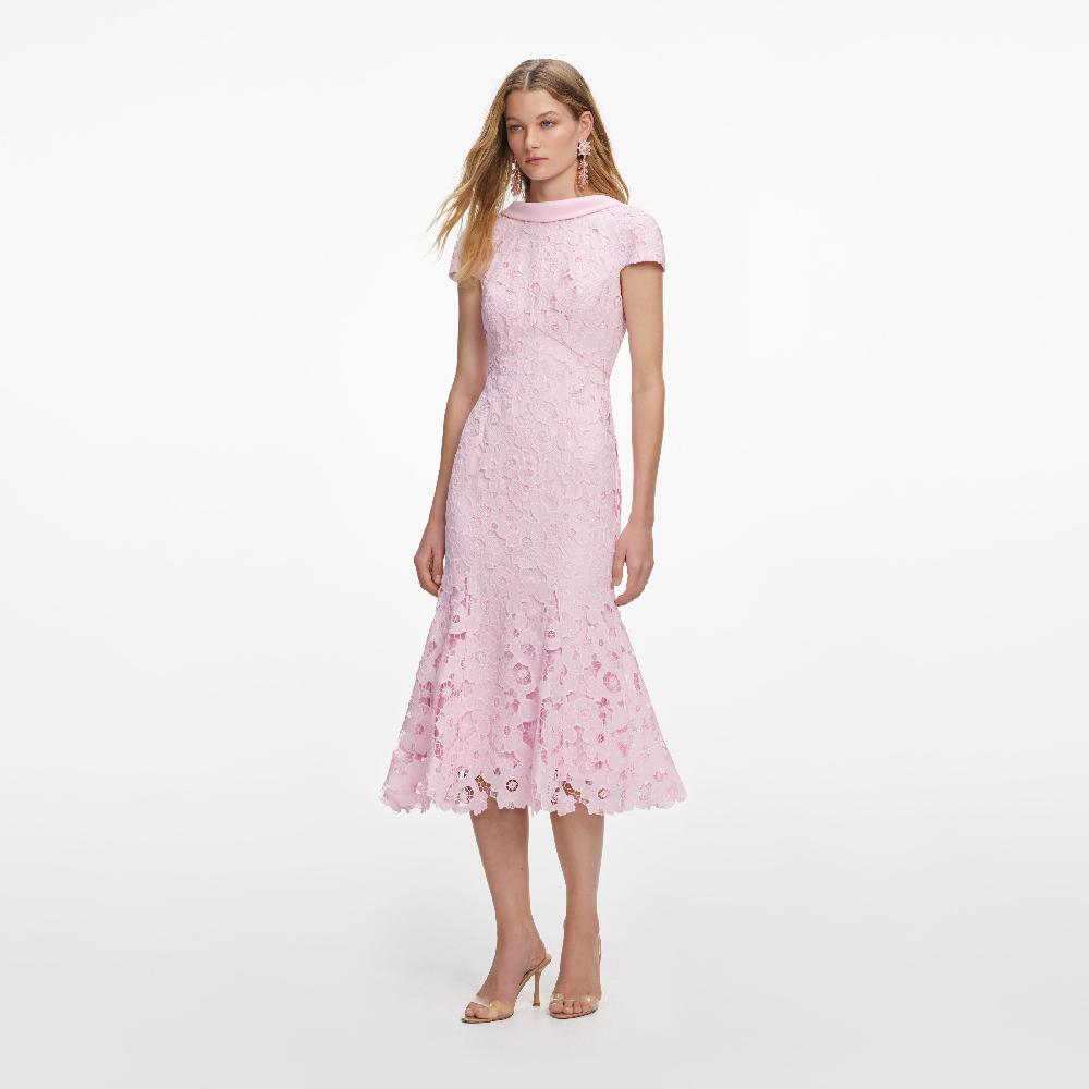 Self Portrait Pink Lace Scoop Back Midi Dress CLOTHING