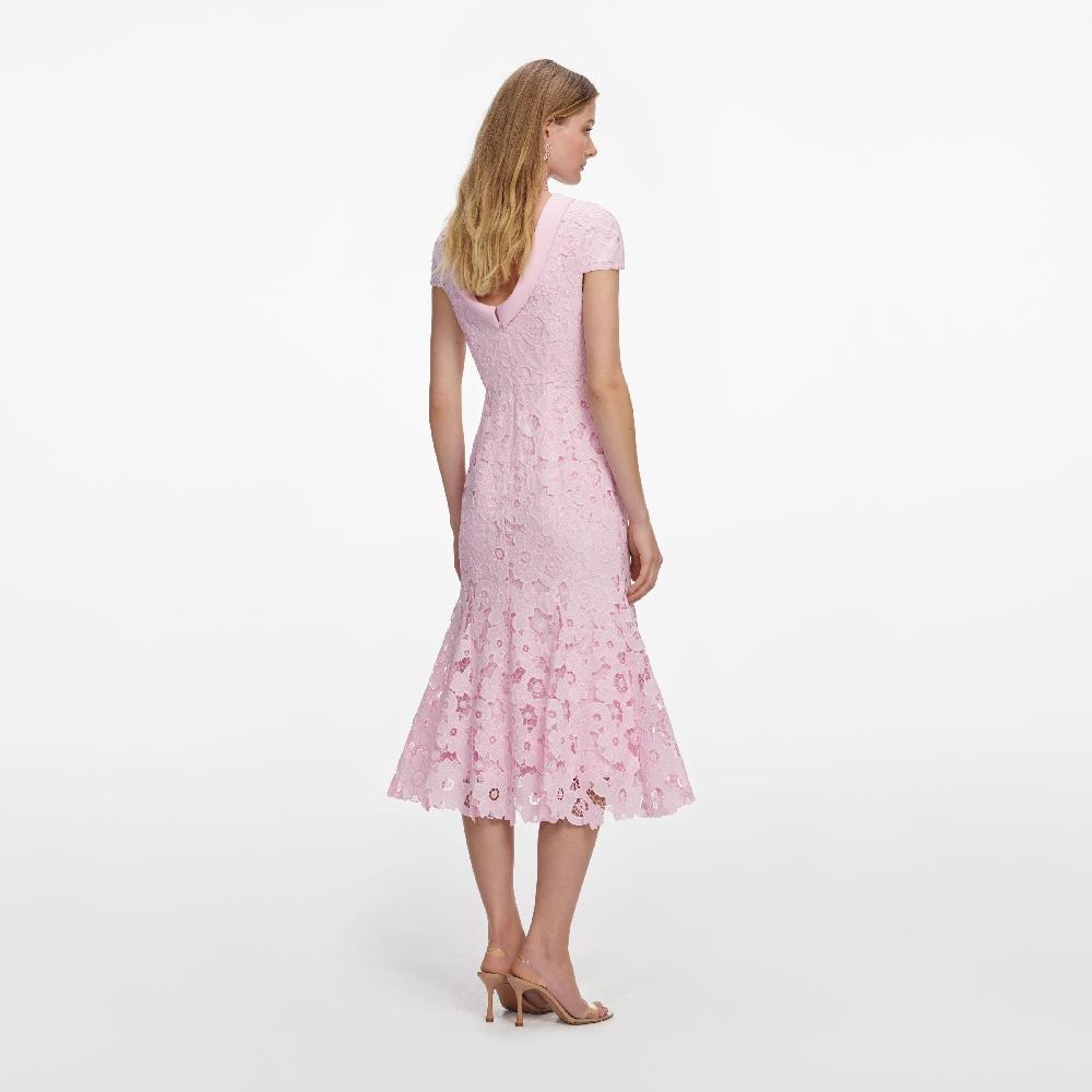Self Portrait Pink Lace Scoop Back Midi Dress CLOTHING