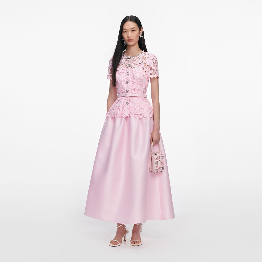 Self Portrait Pink Lace Taffeta Midi Dress CLOTHING