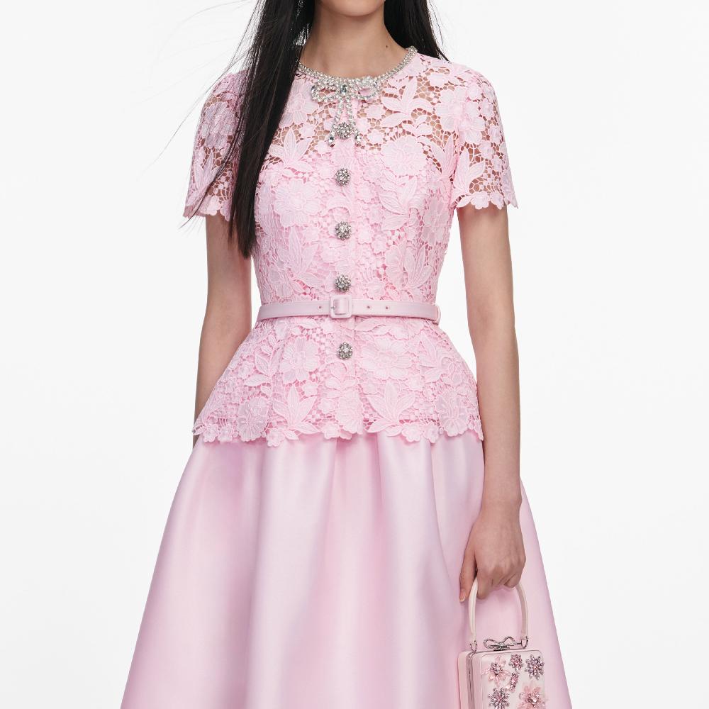 Self Portrait Pink Lace Taffeta Midi Dress CLOTHING