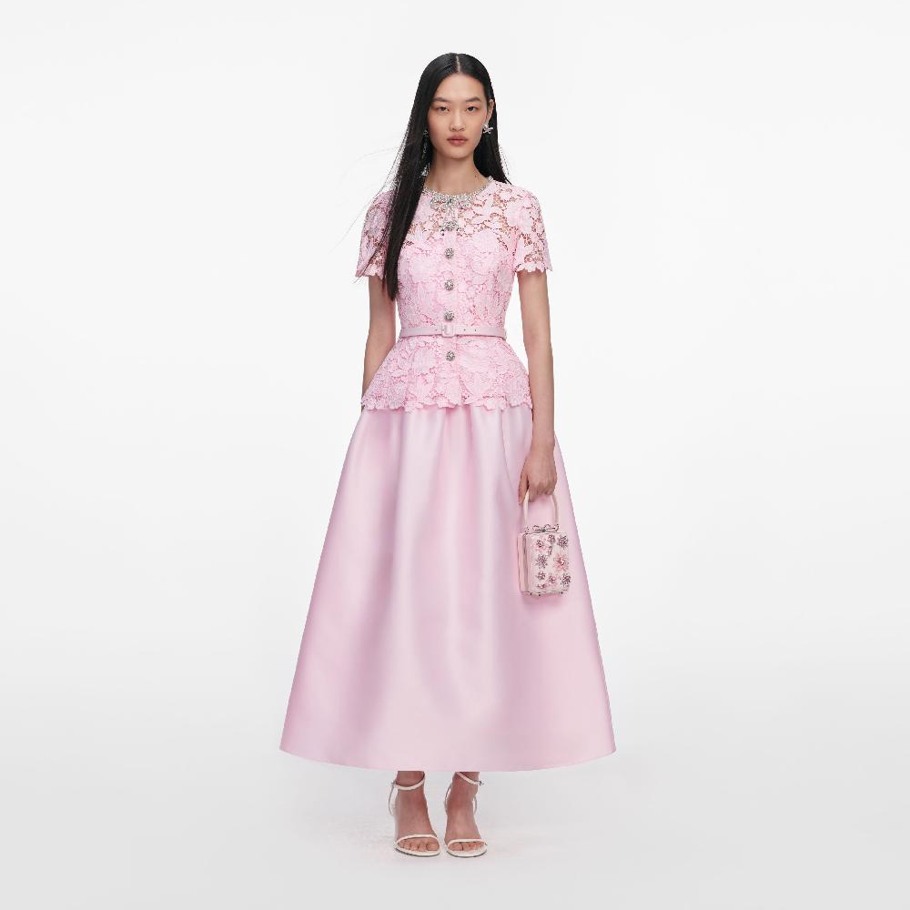 self portrait Pink Lace Taffeta Midi Dress CLOTHING