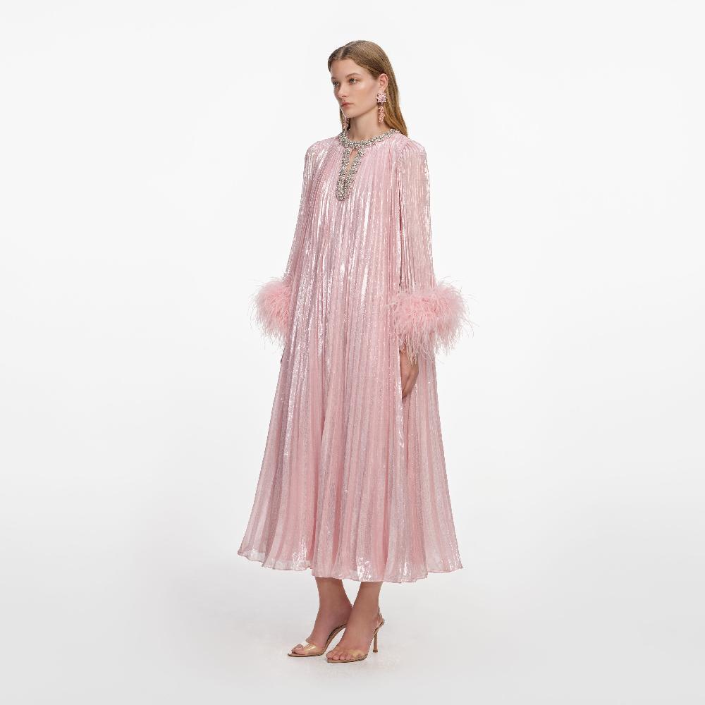 Self Portrait Pink Metallic Chiffon Feather Midi Dress CLOTHING