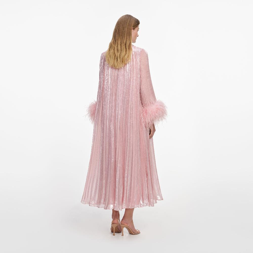 Self Portrait Pink Metallic Chiffon Feather Midi Dress CLOTHING