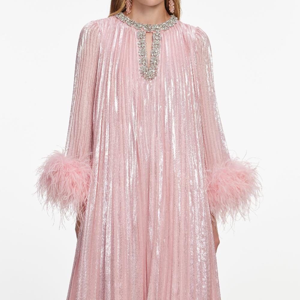 Self Portrait Pink Metallic Chiffon Feather Midi Dress CLOTHING