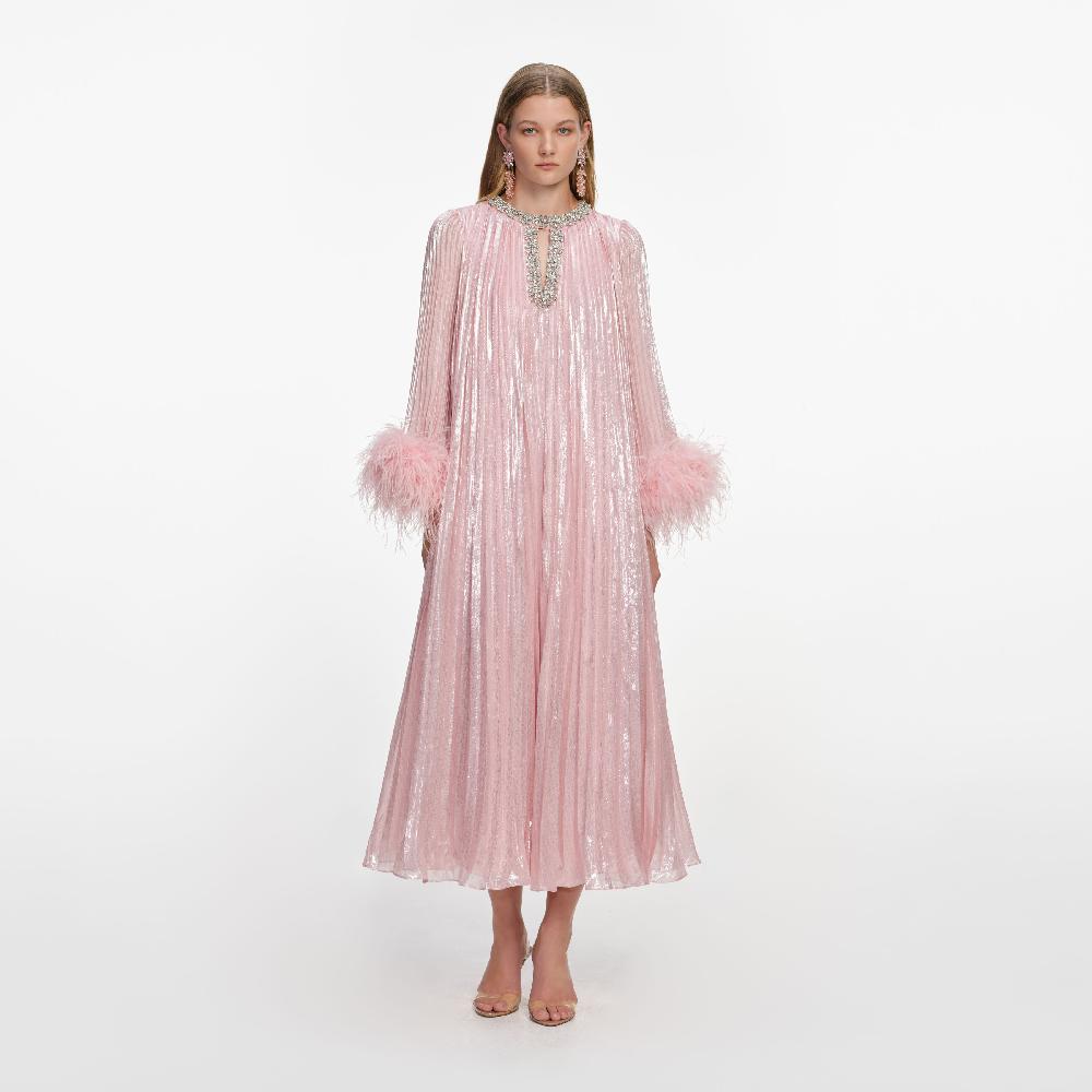 self portrait Pink Metallic Chiffon Feather Midi Dress CLOTHING