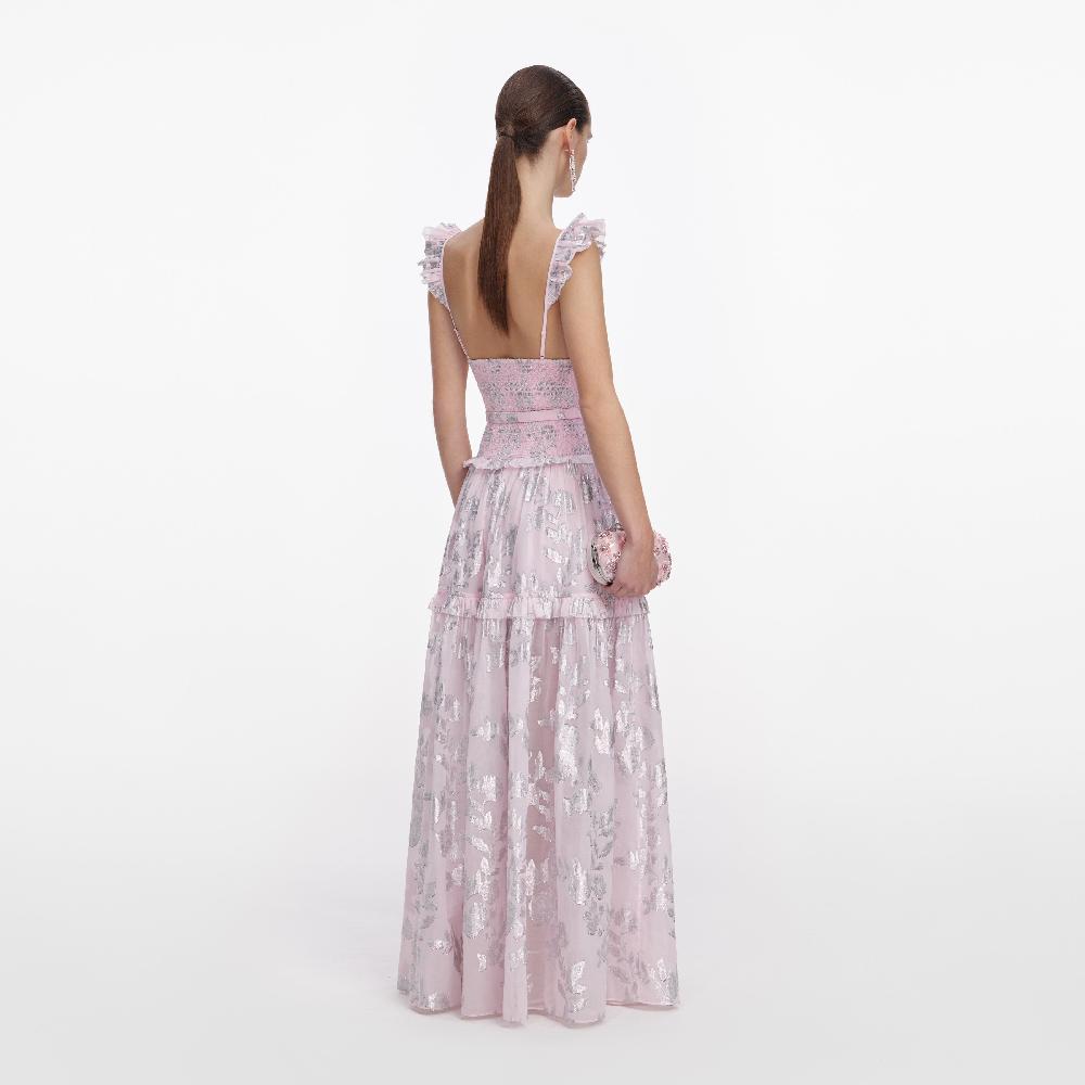 Self Portrait Pink Metallic Chiffon Flower Maxi Dress CLOTHING